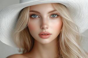 Woman with stunning features and a wide-brimmed hat in bright lighting photo
