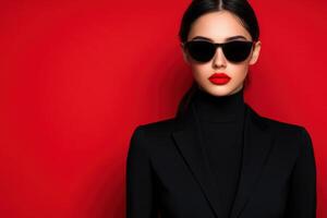 Stylish woman in black suit and sunglasses against red background photo