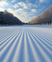 Snow-covered landscape with striped patterns under a blue sky photo