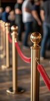 Crowd control barriers with red ropes in a busy venue photo