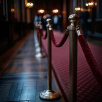 Elegant red carpet event setup with roped barriers in a grand hall photo