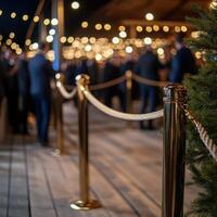 Guests gather at an outdoor event illuminated by beautiful string lights photo
