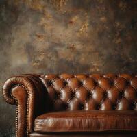 Classic brown leather sofa against a textured wall backdrop photo