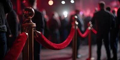 People waiting behind red ropes at a crowded event during night photo
