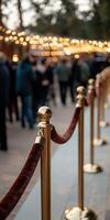 Elegant queue with golden stanchions and festive lights in background photo