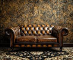 Classic brown leather sofa with tufted design in elegant interior photo