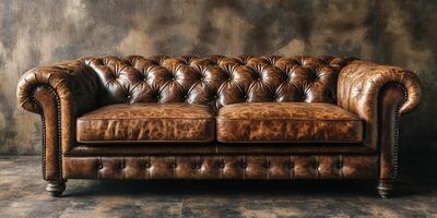 Luxurious brown leather sofa with classic tufted design in a stylish room photo