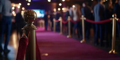Red carpet event with guests waiting behind velvet ropes in a dim venue photo
