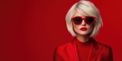 Blonde fashion model showcases bold style with red backdrop photo