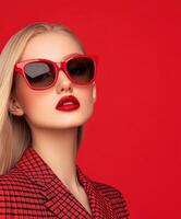 Blonde fashion model poses in stylish red sunglasses against red backdrop photo