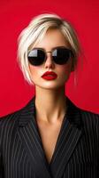 Blonde fashion model poses confidently against red backdrop photo