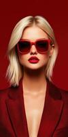 Blonde fashion model poses confidently in striking red attire photo