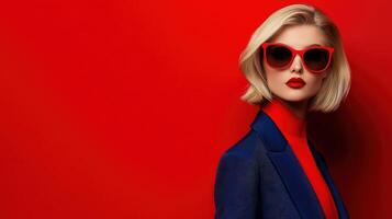 Blonde fashion model poses against bright red backdrop in stylish attire photo
