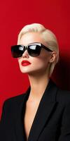 Fashion model poses confidently against a bold red background photo