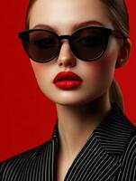 Blonde fashion model showcases bold style against vibrant red backdrop photo