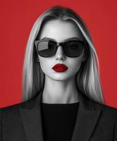Blonde fashion model poses confidently against a striking red background photo