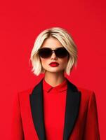 Blonde fashion model poses confidently in bold red attire with sunglasses photo