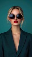 Fashion model poses confidently with sunglasses and bold lipstick photo