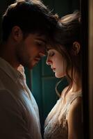 Romantic moment shared between a couple in soft lighting indoors photo