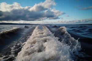 Waves created by a boat on a calm lake on a sunny day photo