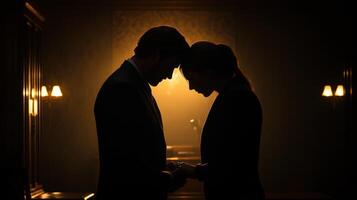 Couple embraces in a tender moment illuminated by soft light photo