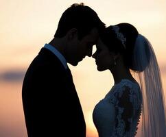 Couple embracing during sunset in romantic silhouette moment photo