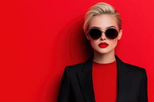 Fashion model poses against a bold red backdrop showcasing style photo
