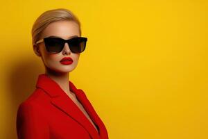 Blonde model confidently poses against a bright yellow background photo