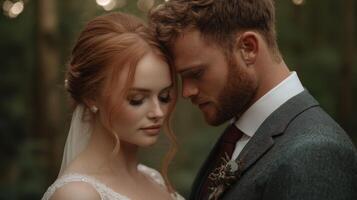 Couple shares an intimate moment during forest wedding ceremony photo