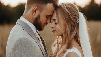 Couple shares intimate moment during sunset in a serene field photo