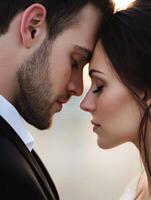 Couple embraces intimate moment during sunset backdrop photo