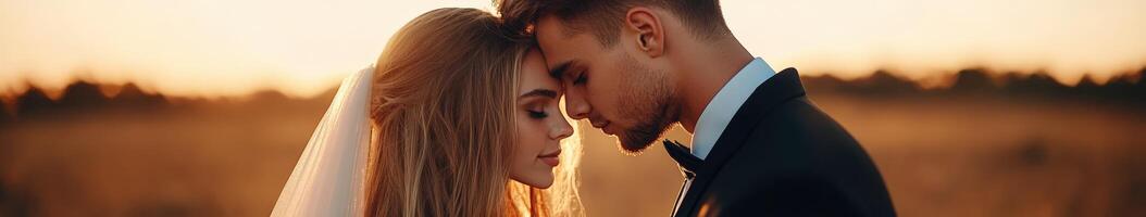 Couple sharing an intimate moment during sunset on their wedding day photo