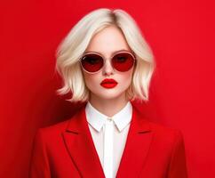 Blonde fashion model poses with confidence against a vibrant red backdrop photo