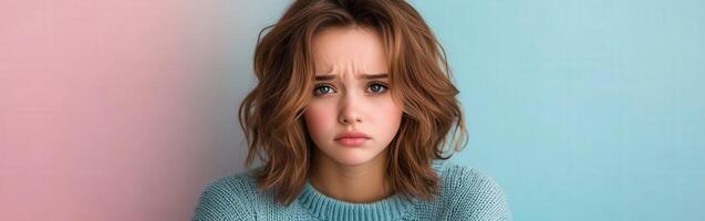 Young girl showing emotions with a soft background in pastel colors photo
