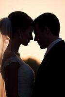 Silhouette of a couple embracing at sunset during wedding ceremony photo
