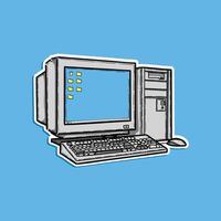 Vintage old computer with mouse and keyboard. Y2K computer, hand drawn doodle. illustration design isolated in a blue background vector