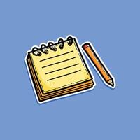 A yellow notes with pencil illustration design isolated in a blue background. Classic notebook and pencil. Write down your notes. vector