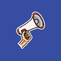 Hand hold megaphone, attention megaphone loudspeaker illustration design isolated in a blue background vector