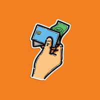 hand hold a credit card and money illustration design isolated in an orange background for business, finance and debt vector