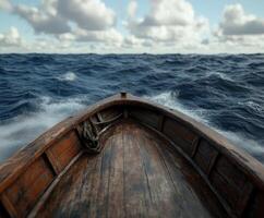 Wooden boat sailing through turbulent ocean waters under cloudy sky photo