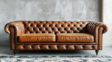 Elegant brown leather sofa with tufted design in modern interior photo