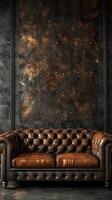 Classic brown leather chesterfield sofa against dark textured wall photo