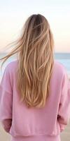 Long blonde hair flows in the breeze on a serene beach at sunset photo