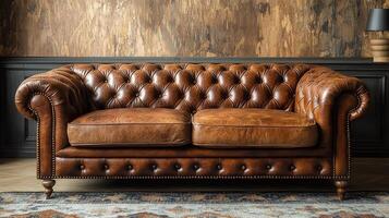 Classic brown leather couch with tufted design in stylish interior photo