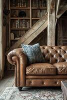 Elegant leather sofa in rustic interior with wooden shelves photo