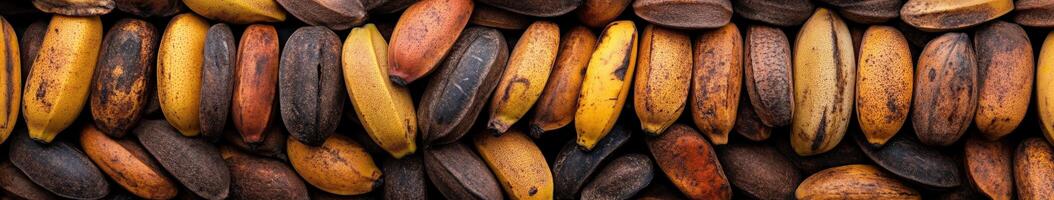 Colorful variety of cocoa beans arranged on a wooden surface photo