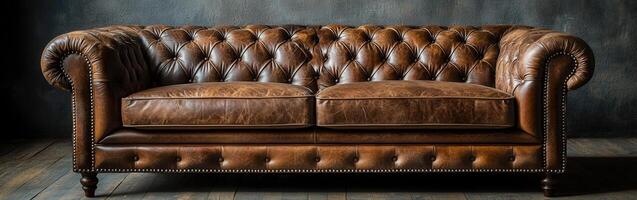 Classic leather sofa with tufted design in a rustic setting photo