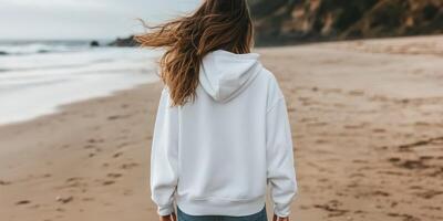 Walking along a beach with a calm ocean in the background photo