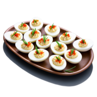 Picnic deviled eggs garnished with paprika and chives arranged on rectangular platter isolated Summer freshness png