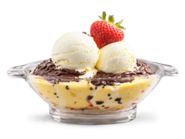 Ice cream banana split with scoops of vanilla chocolate and strawberry drizzled with sauces png